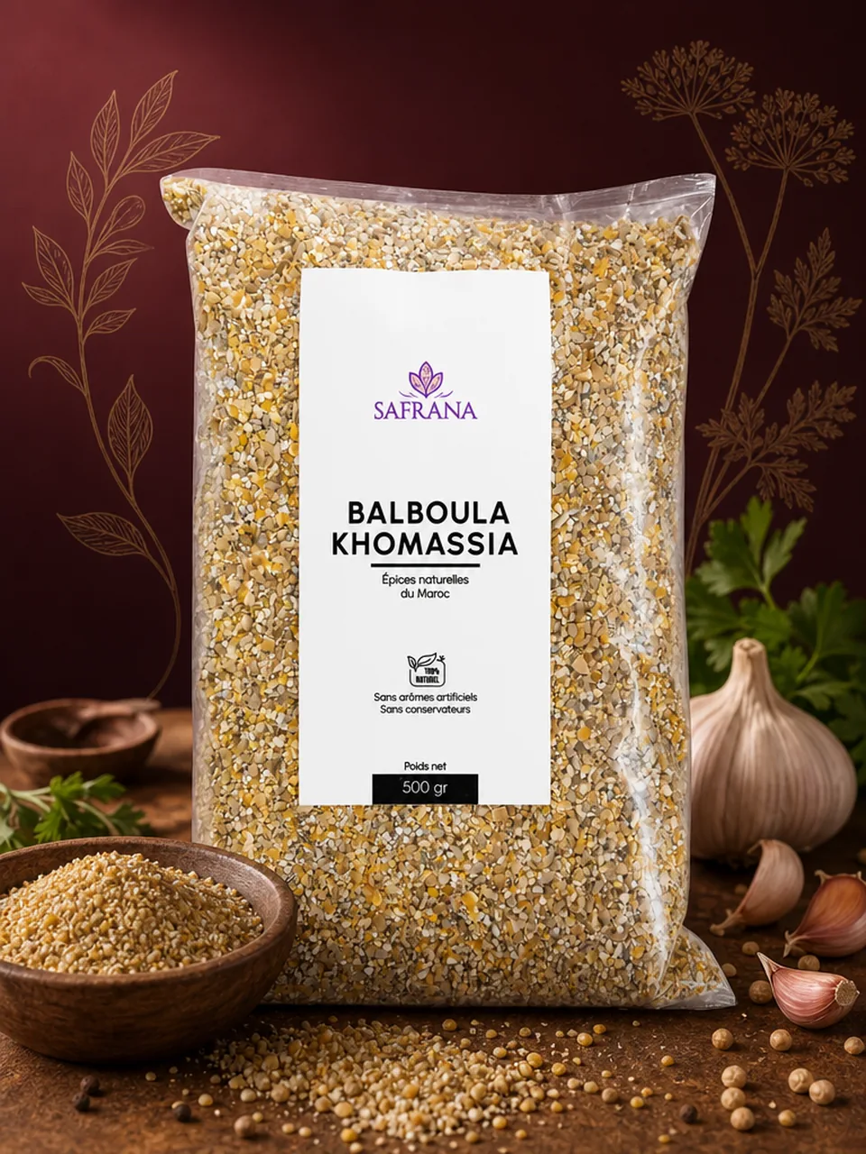 Balboula Khomassia, mélange de cinq céréales concassées aux teintes dorées