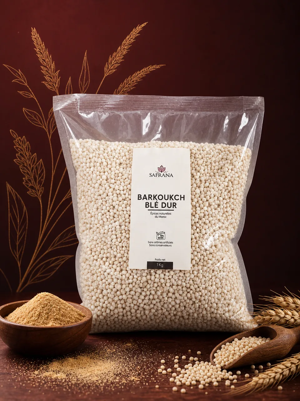 Billes dorées de Barkoukch au blé dur, grosse semoule roulée marocaine