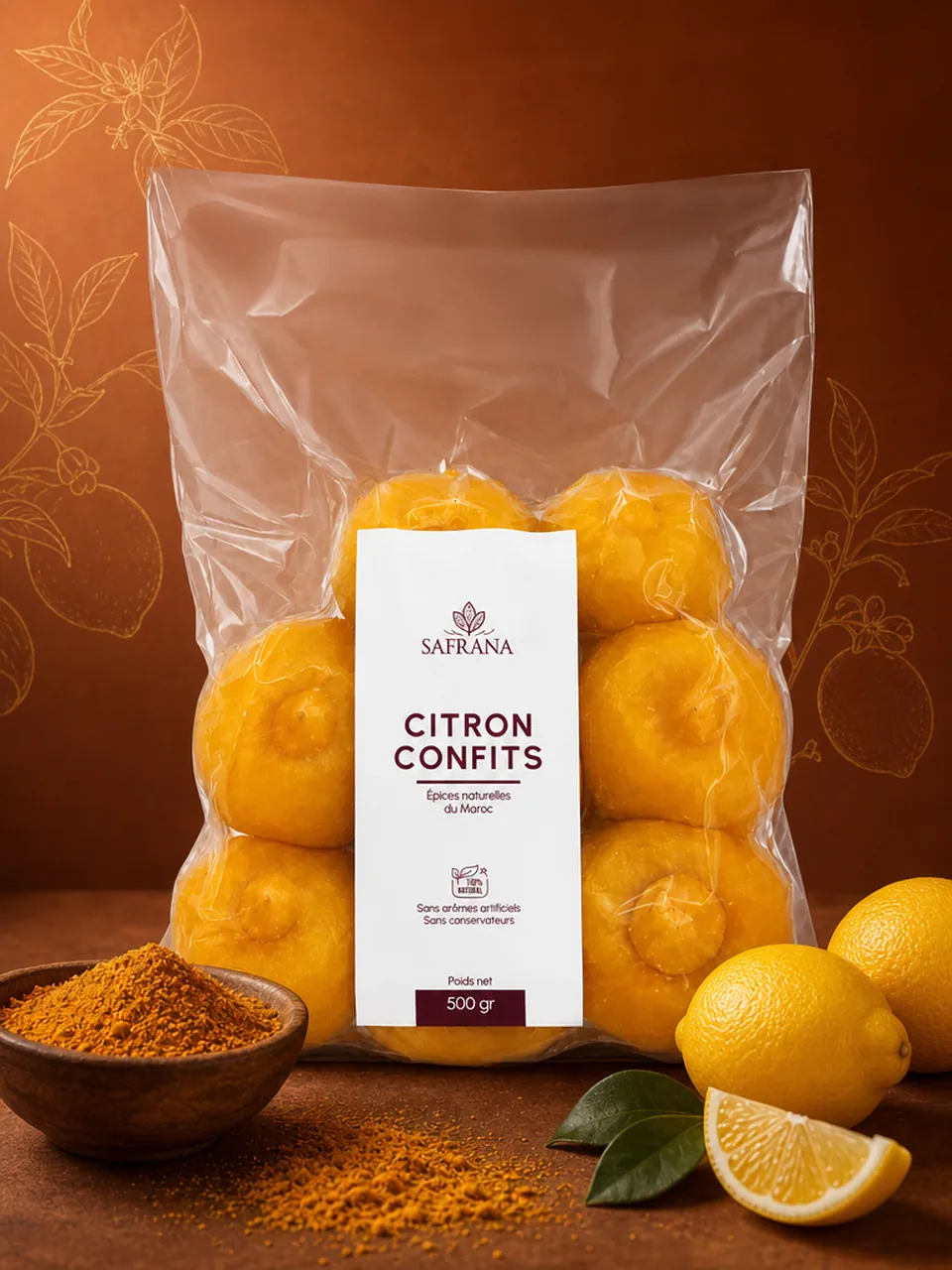 Citrons confits jaunes coupés dans un bol, peau dorée et translucide