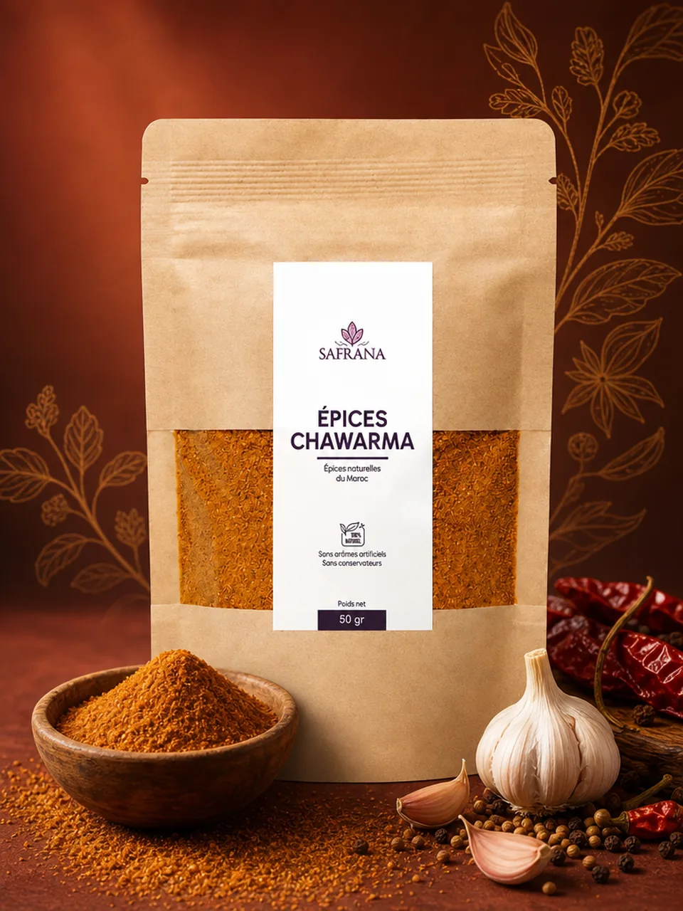 Poudre d'épices chawarma rouge-ocre présentée dans un bol