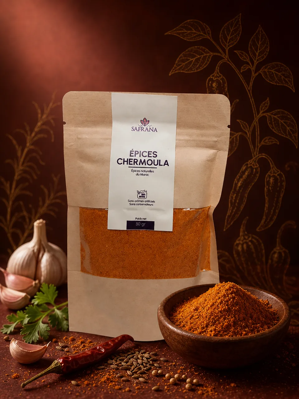 Mélange d'épices charmoula en poudre ocre dans une coupelle