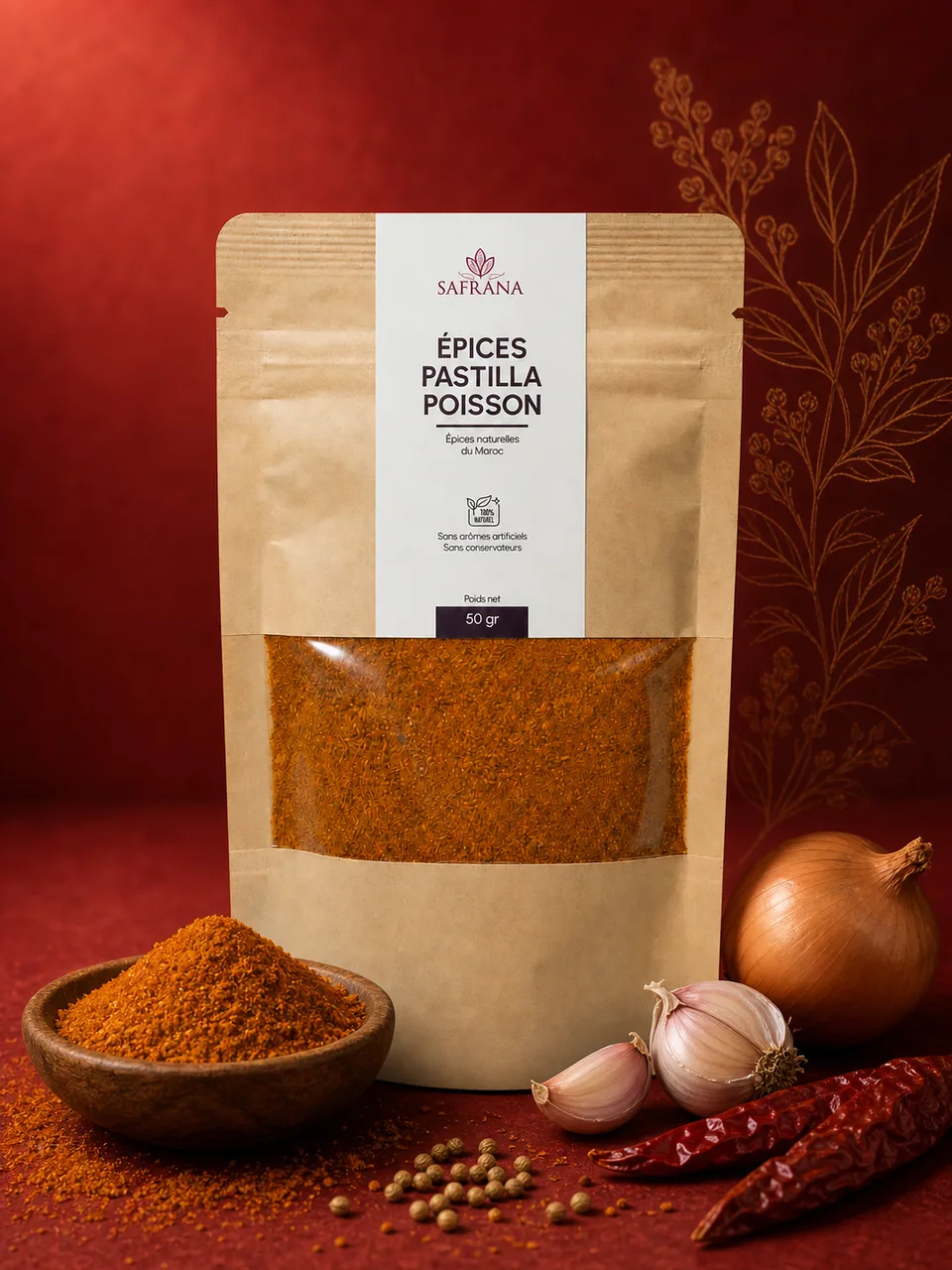 Mélange d'épices pour pastilla au poisson, poudre fine de couleur ambrée
