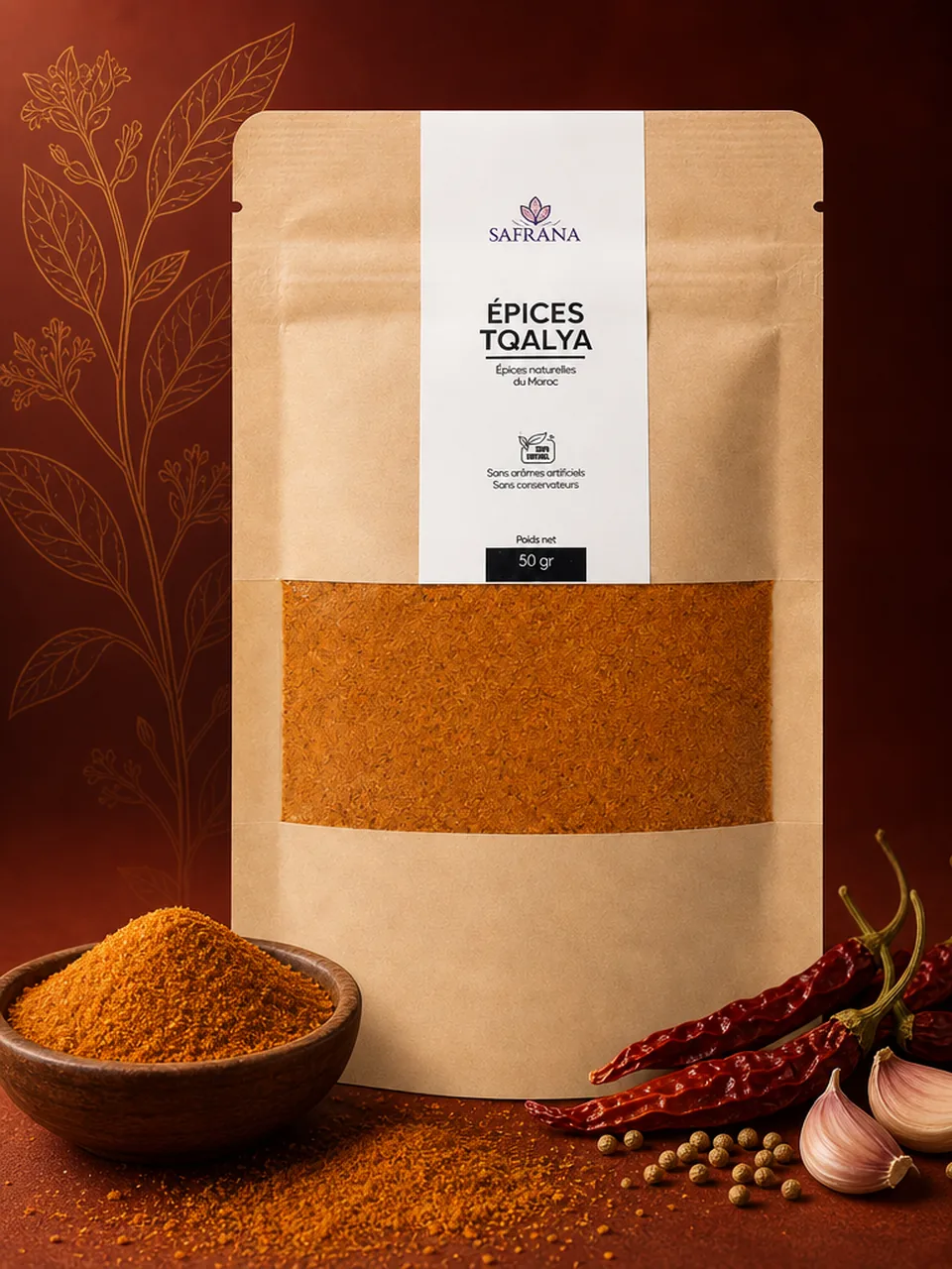 Mélange d'épices Tqalya moulu de couleur rouge-brun