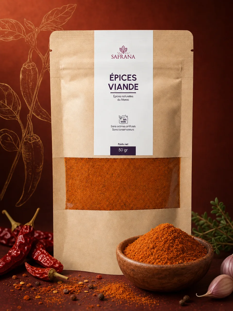 Mélange d'épices pour viande en poudre, de couleur ambrée