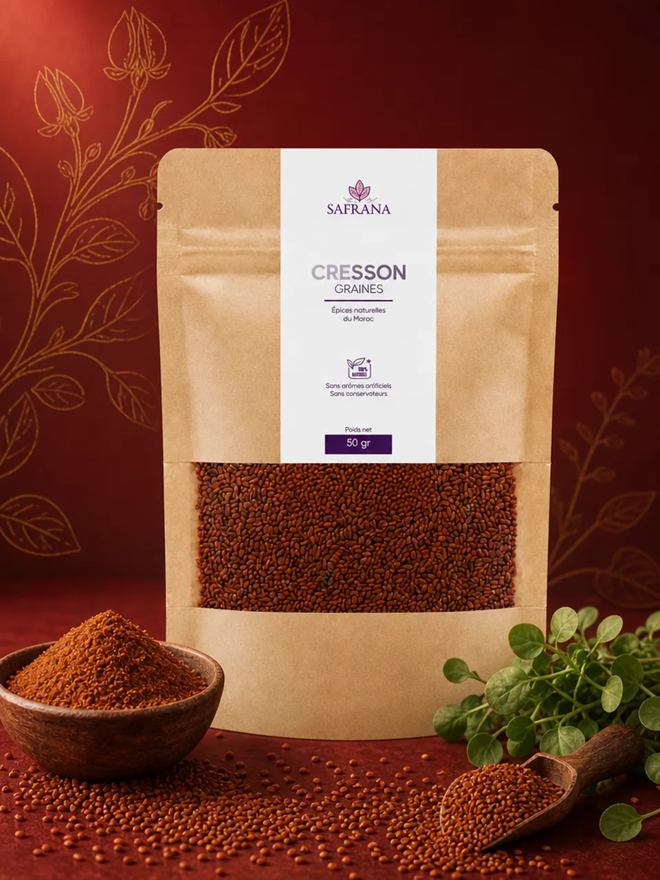 Petites graines de cresson brun roux présentées en tas