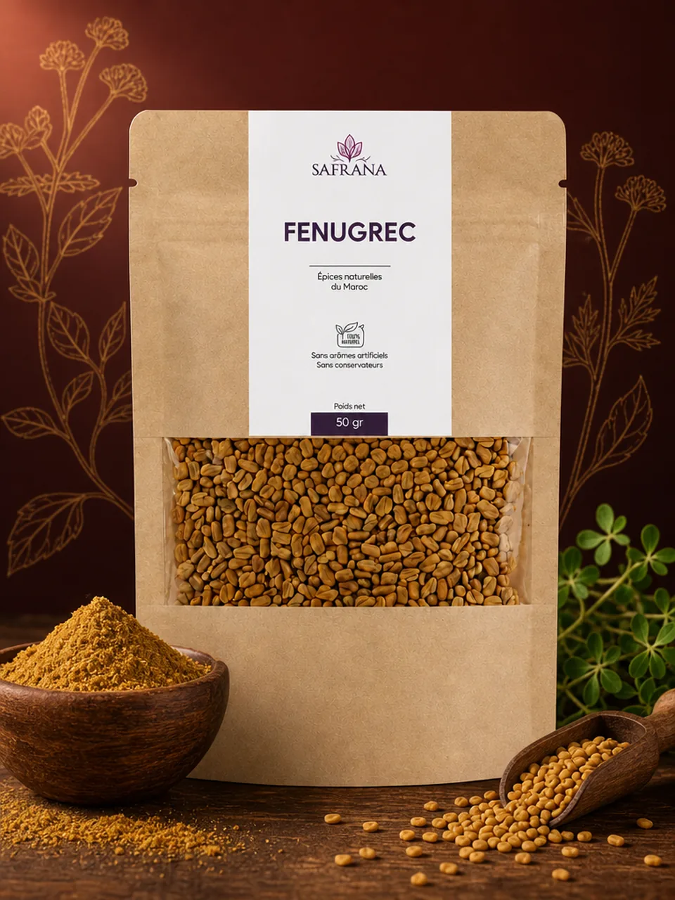 Petites graines de fenugrec jaune ocre dans une coupelle