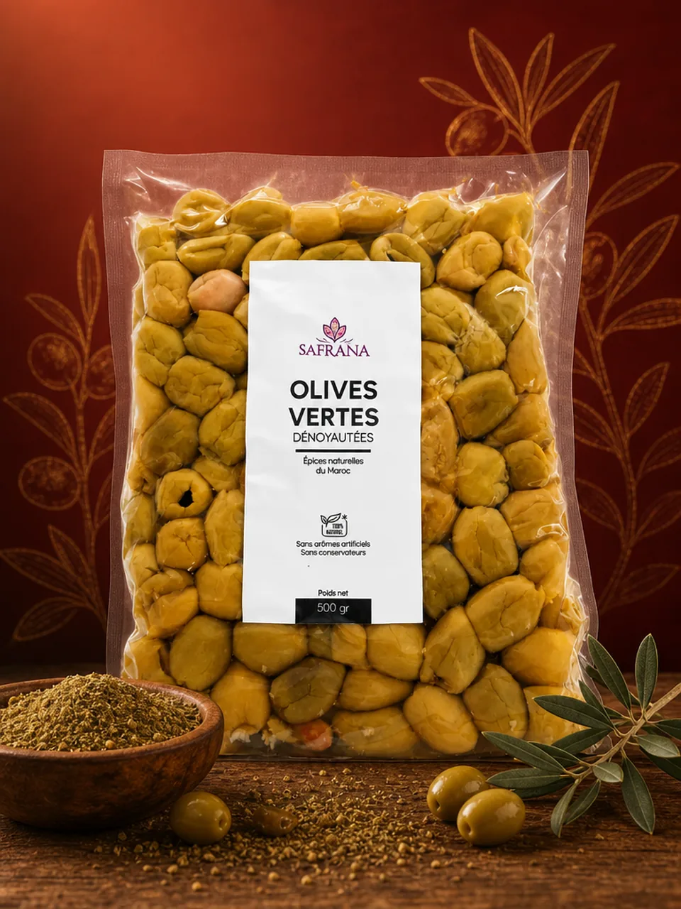 Olives vertes dénoyautées dans une coupelle