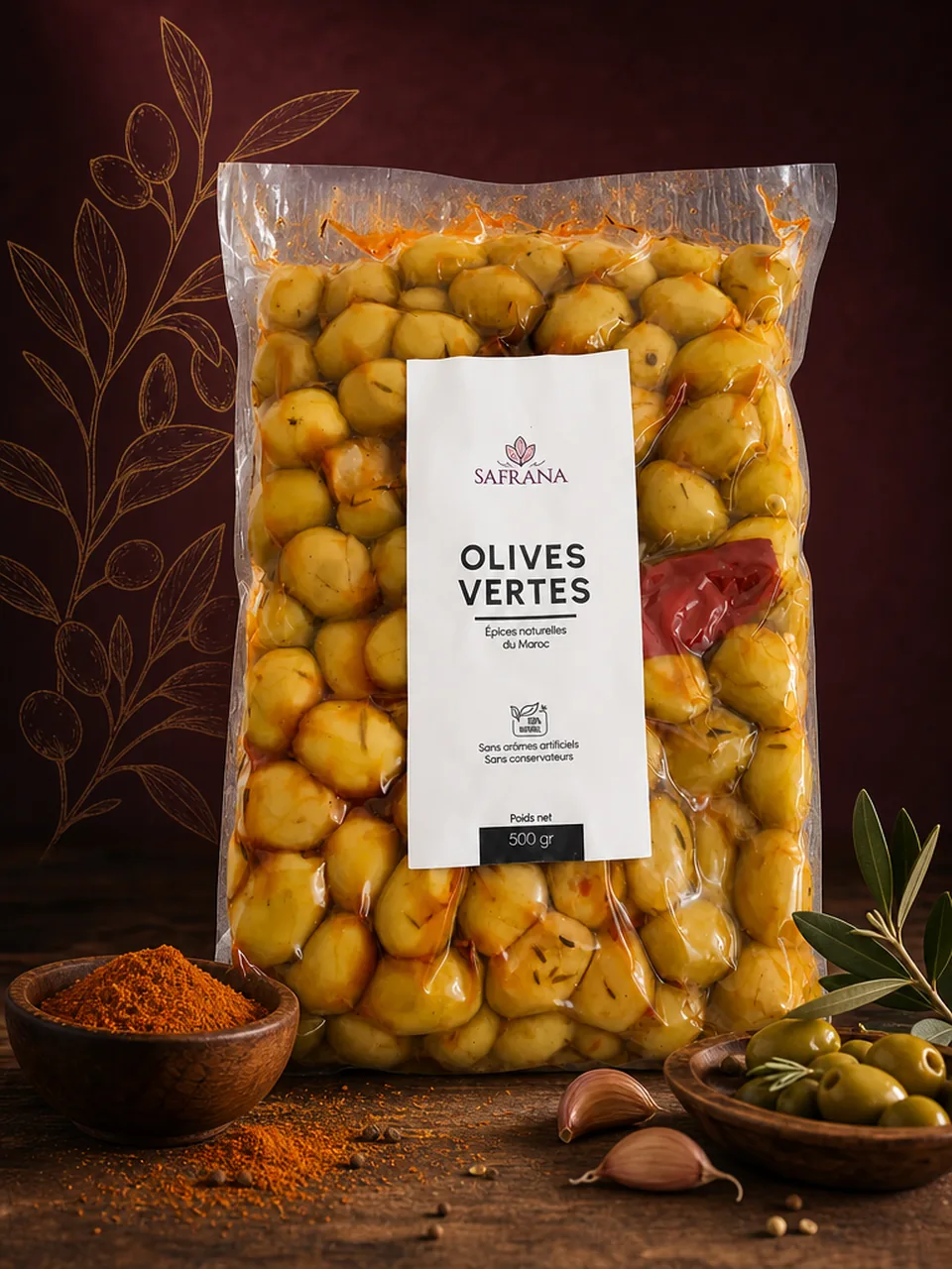 Olives vertes entières dans une coupelle