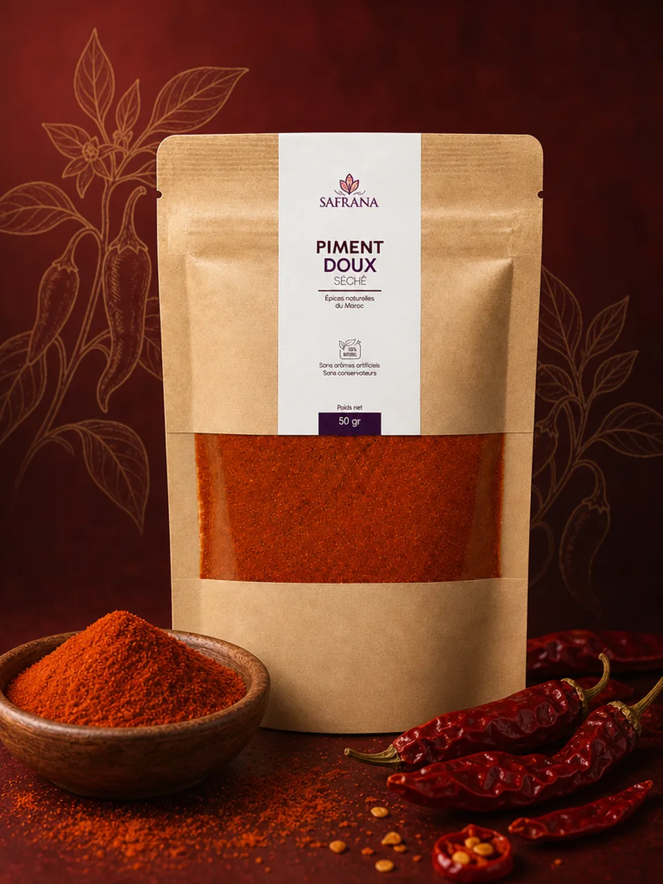 Poudre de paprika doux rouge dans une coupelle