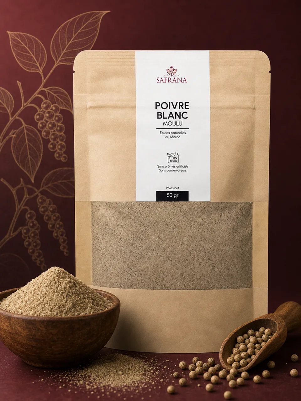 Poudre de poivre blanc moulu de couleur ivoire présentée dans un petit bol