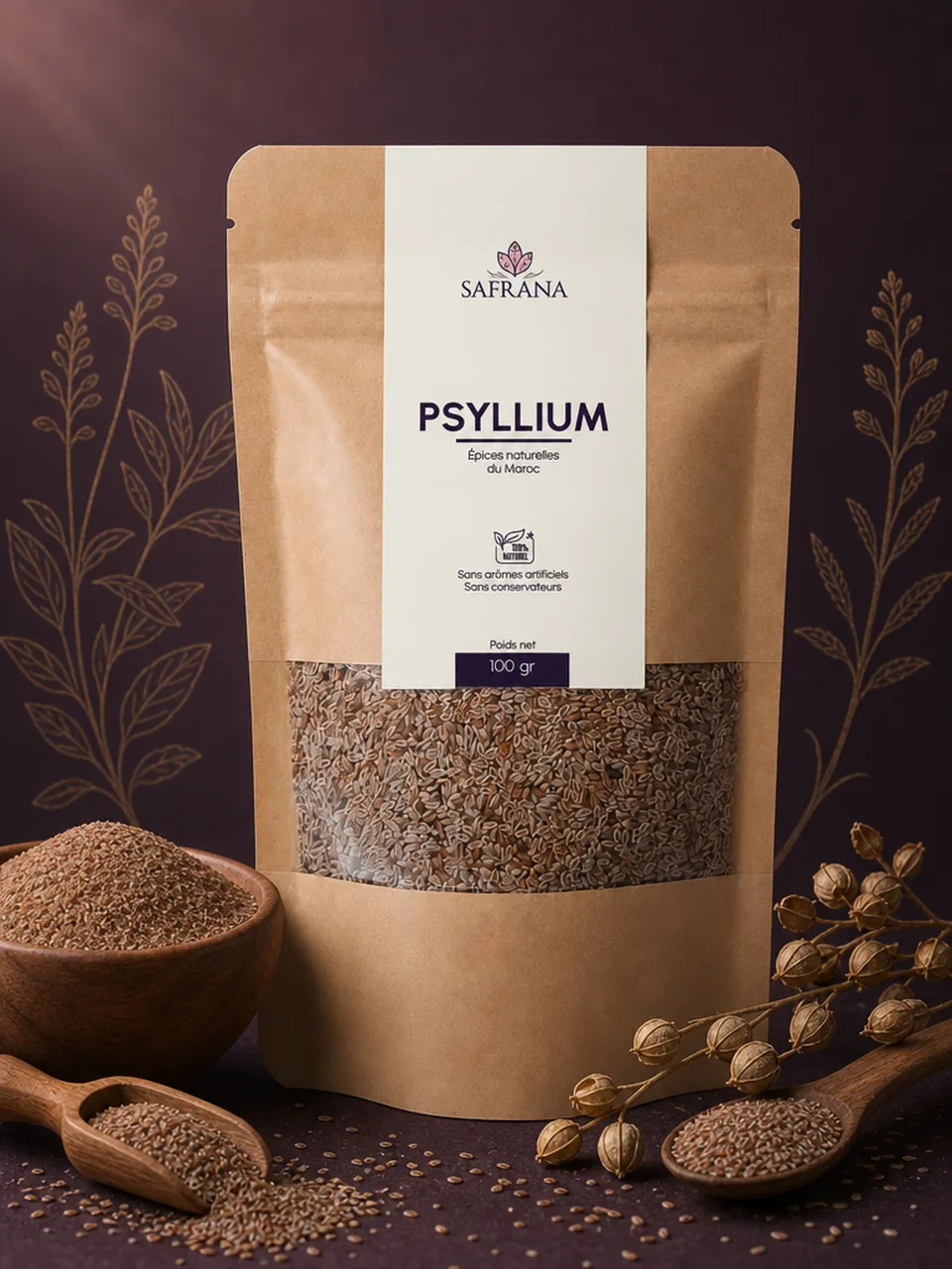 Graines de psyllium blondes présentées dans un bol